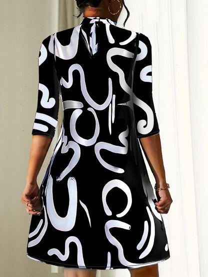 Robe Mini Décontractée à Manches 3/4 Femme – Col Haut Coupe Décontractée Été
