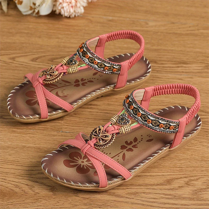 Sandales Élégantes Femme à Strass – Style Bohème Perlé et Brodé