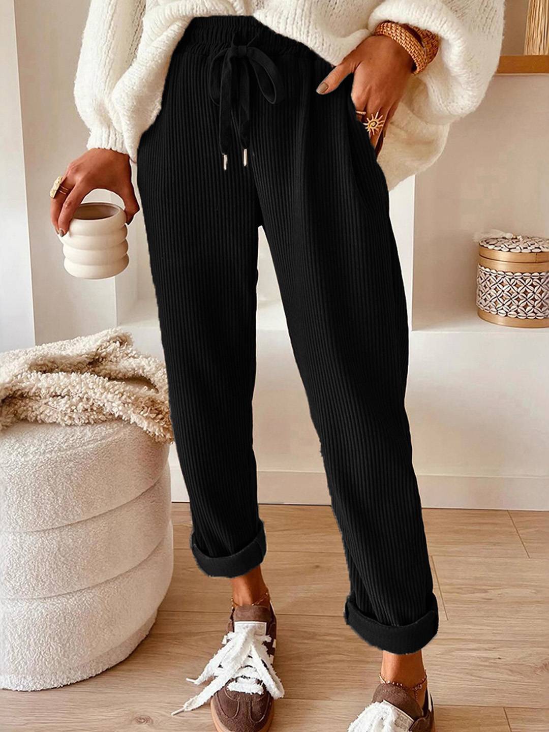 Pantalon Large Élégant en Velours pour Femme – Style Décontracté Chic Uni avec Cordon
