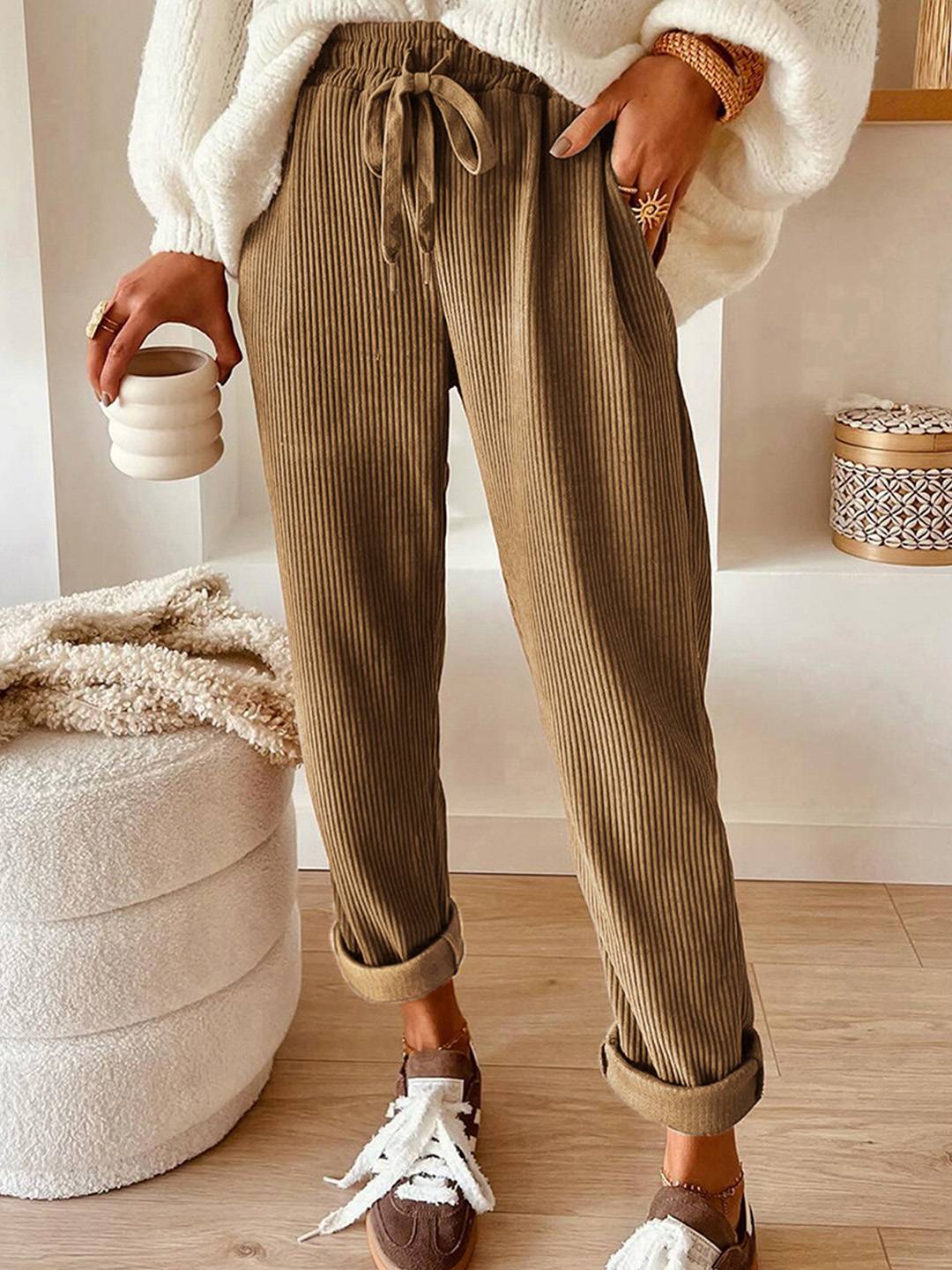 Pantalon Large Élégant en Velours pour Femme – Style Décontracté Chic Uni avec Cordon