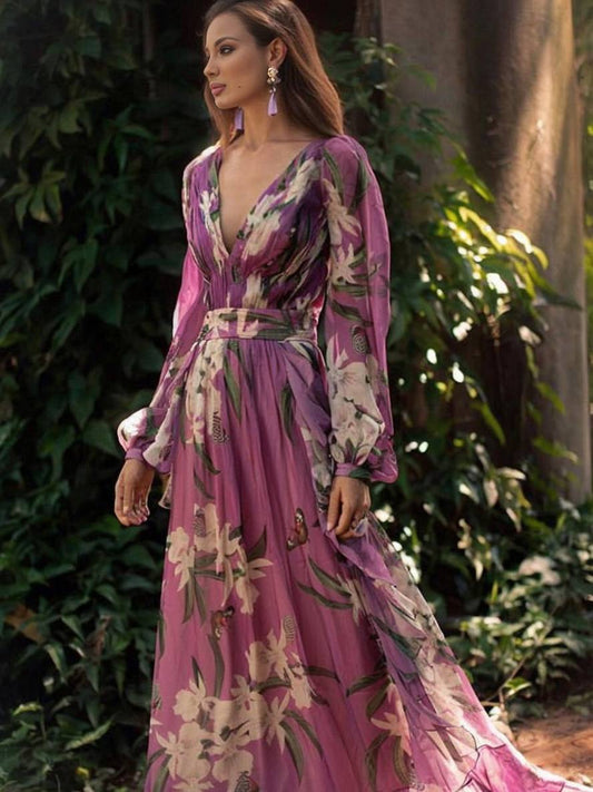 Elegant Purple Floral Maxi Dress for Women – Flowing Cut V-Neck with Long Sleeves