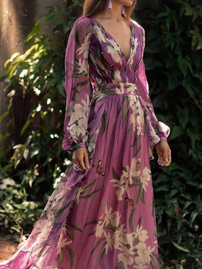 Robe Maxi Fleurie Violette Élégante pour Femme – Coupe Fluide Col V avec Manches Longues