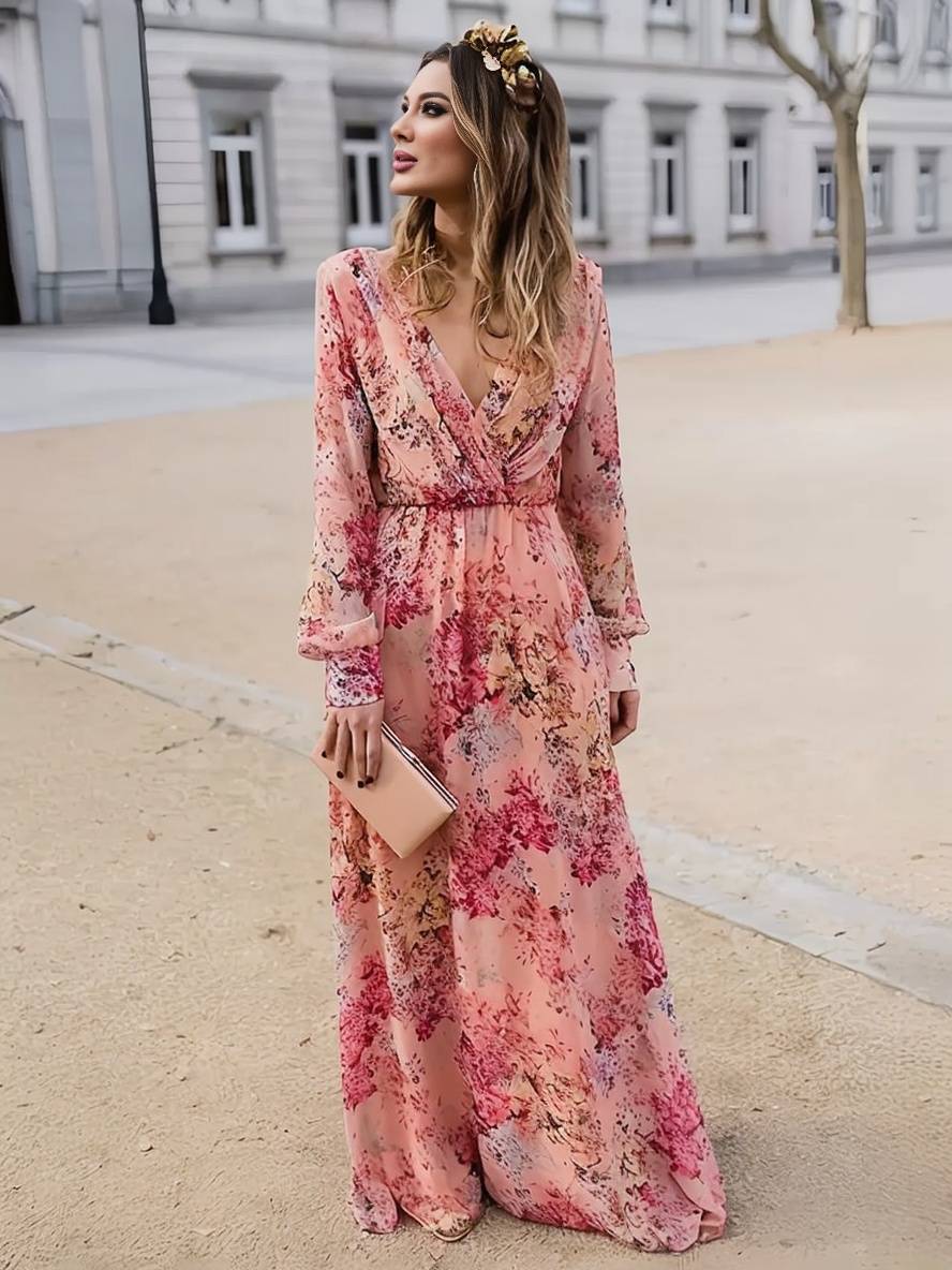 Robe Longue Élégante Fleurie Rose pour Femme – Coupe Décontractée Col V Sans Manches Fluidité