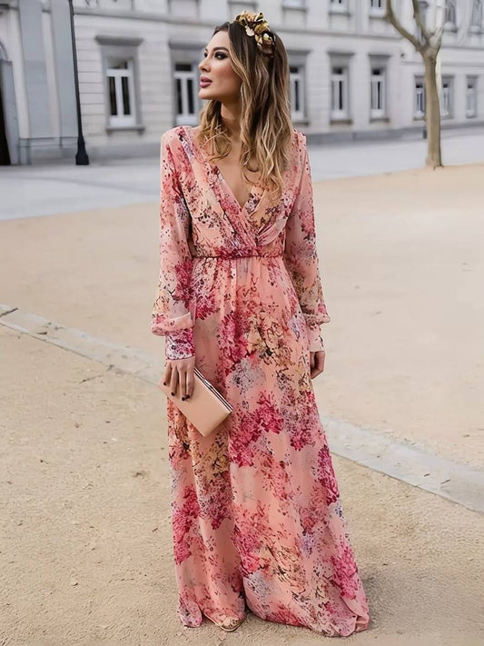 Elegant Long Floral Pink Dress for Women – Casual Cut V-Neck Sleeveless Flowing