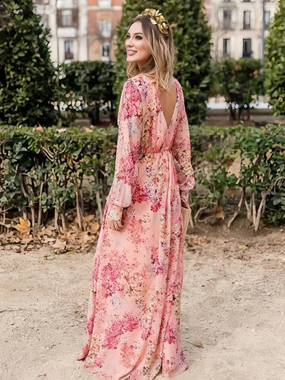 Robe Longue Élégante Fleurie Rose pour Femme – Coupe Décontractée Col V Sans Manches Fluidité