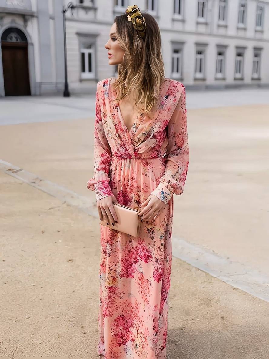 Robe Longue Élégante Fleurie Rose pour Femme – Coupe Décontractée Col V Sans Manches Fluidité