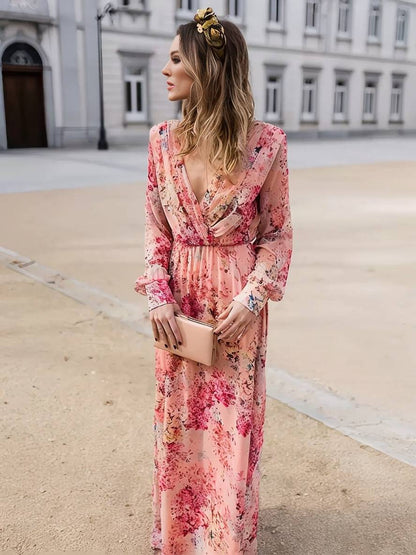 Robe Longue Élégante Fleurie Rose pour Femme – Coupe Décontractée Col V Sans Manches Fluidité