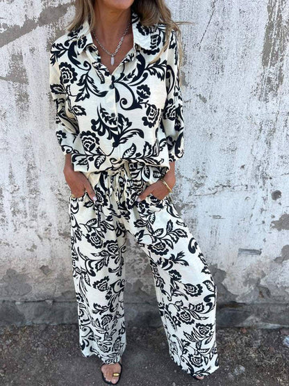 Ensemble deux pièces décontracté avec motif feuilles et pantalon large