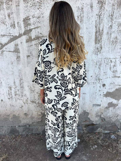 Ensemble deux pièces décontracté avec motif feuilles et pantalon large