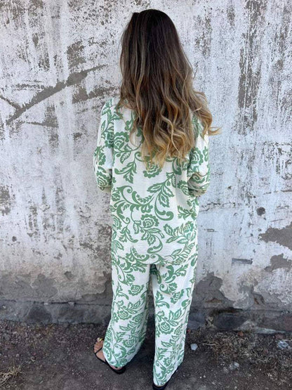 Ensemble deux pièces décontracté avec motif feuilles et pantalon large