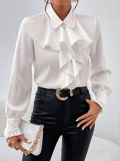 Blouse Élégante à Boutons pour Femme – Col à Volants Jabot avec Manches Bishop