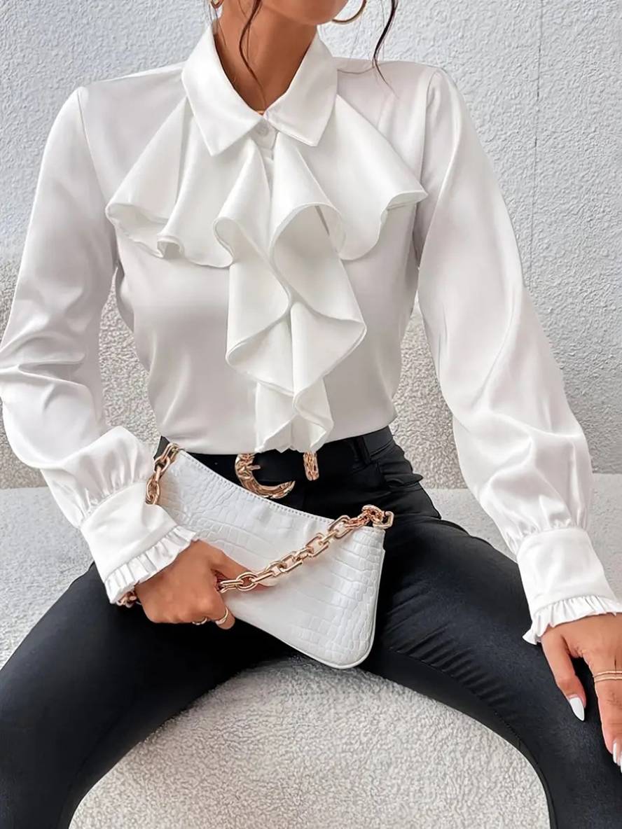 Blouse Élégante à Boutons pour Femme – Col à Volants Jabot avec Manches Bishop
