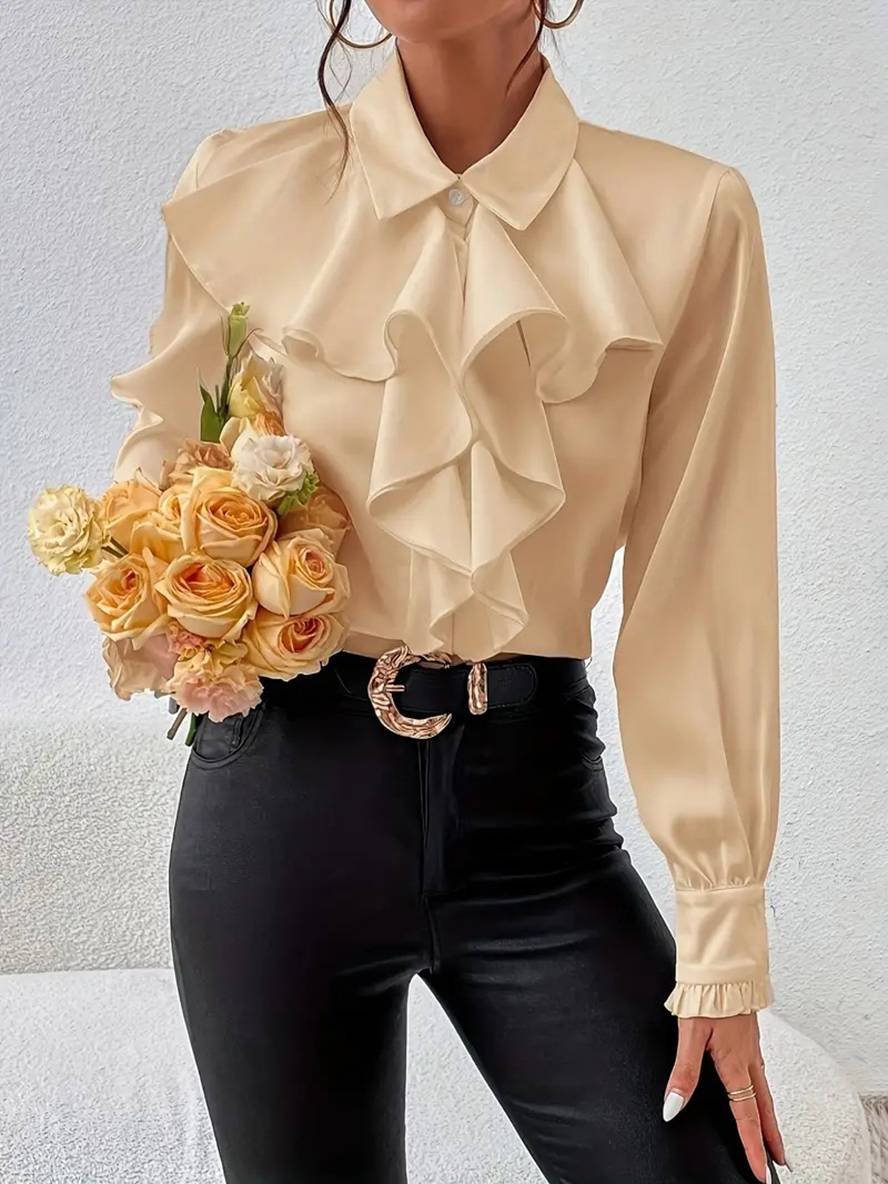 Blouse Élégante à Boutons pour Femme – Col à Volants Jabot avec Manches Bishop