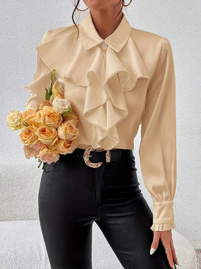 Blouse Élégante à Boutons pour Femme – Col à Volants Jabot avec Manches Bishop