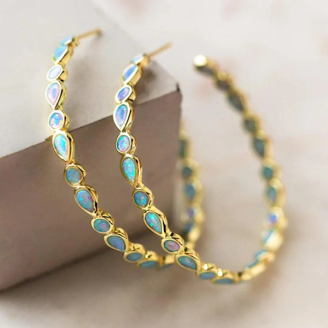 Boucles d'Oreilles Opale Bleue et Or Femme - Style Vintage Elegant.