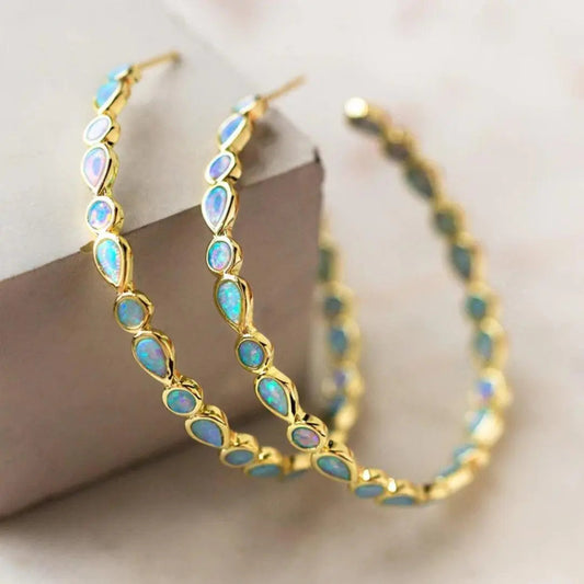 Women’s Blue Opal and Gold Earrings – Elegant Vintage Style.