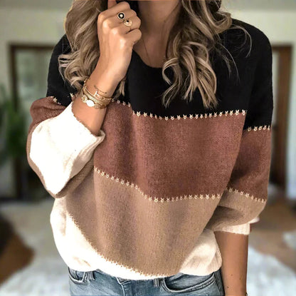 Pull Moderne à Col Rond Femme – Tricot Confortable Bicolore