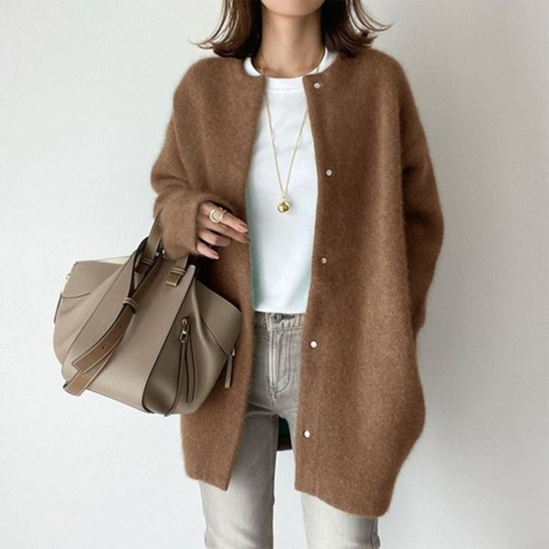 Cardigan Long Boutonné Élégant pour Femme – Pull Confortable à Col Rond