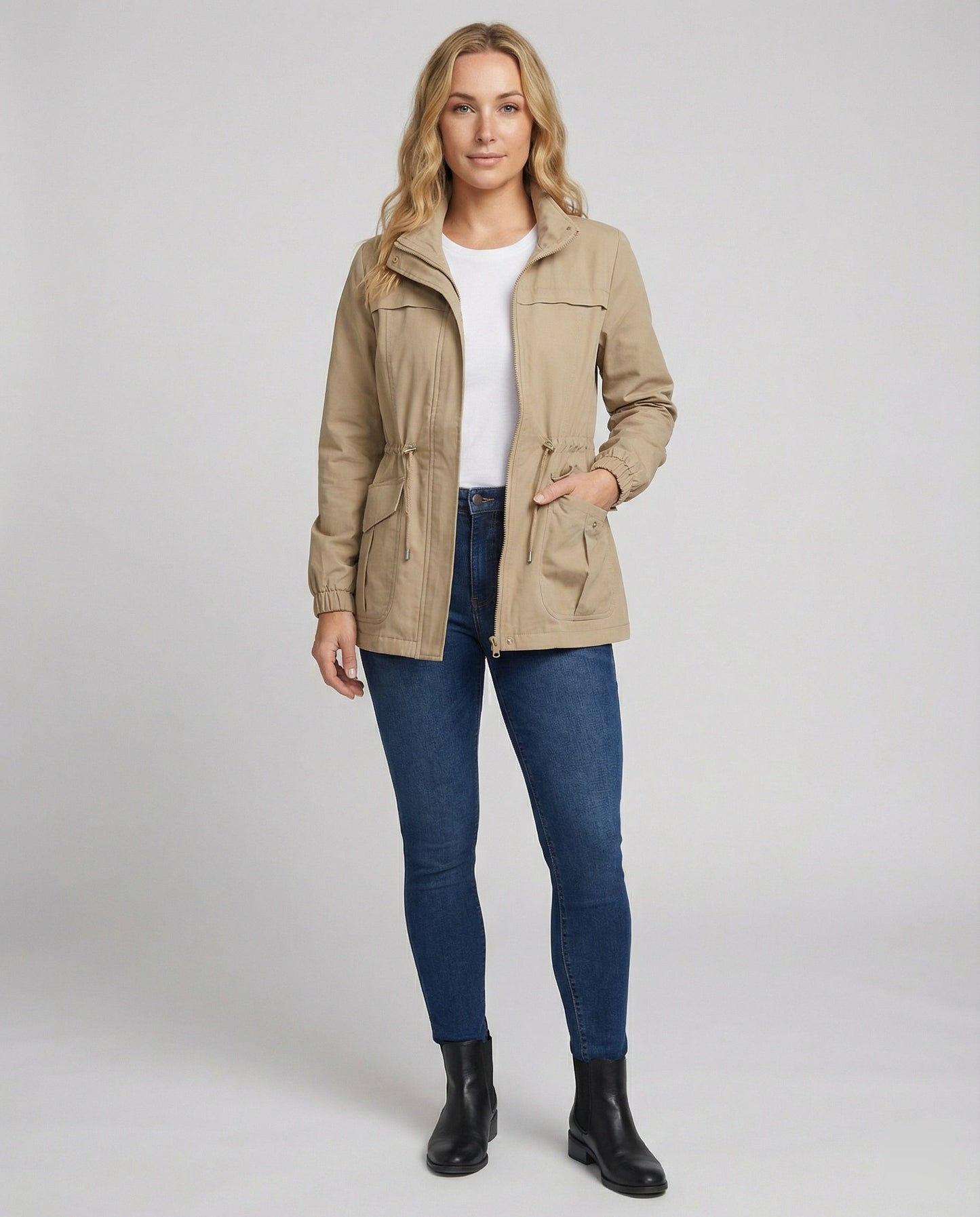 Women's Utility Jacket with Adjustable Waist - Casual Chic and Practical