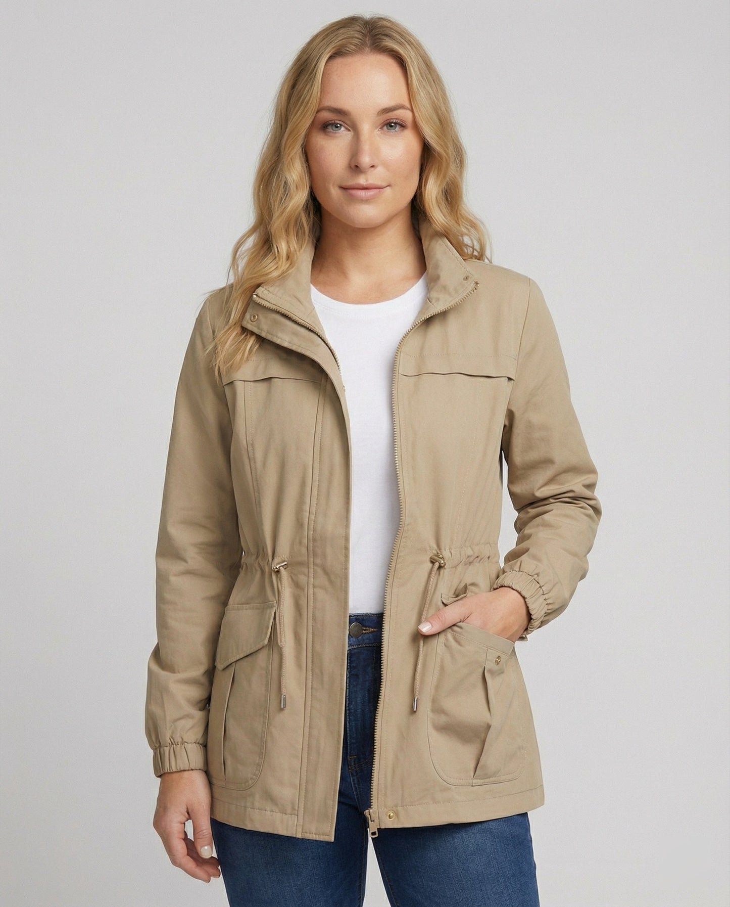 Women's Utility Jacket with Adjustable Waist - Casual Chic and Practical