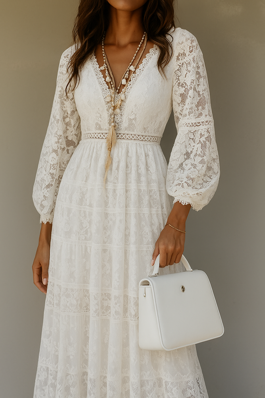 White Maxi Dress with Flowers Bohemian for Woman – Elegant Style with V-Neck