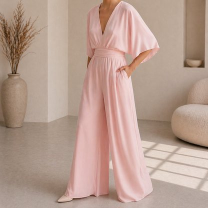 Women's V-neck wrap jumpsuit - Chic and flowing