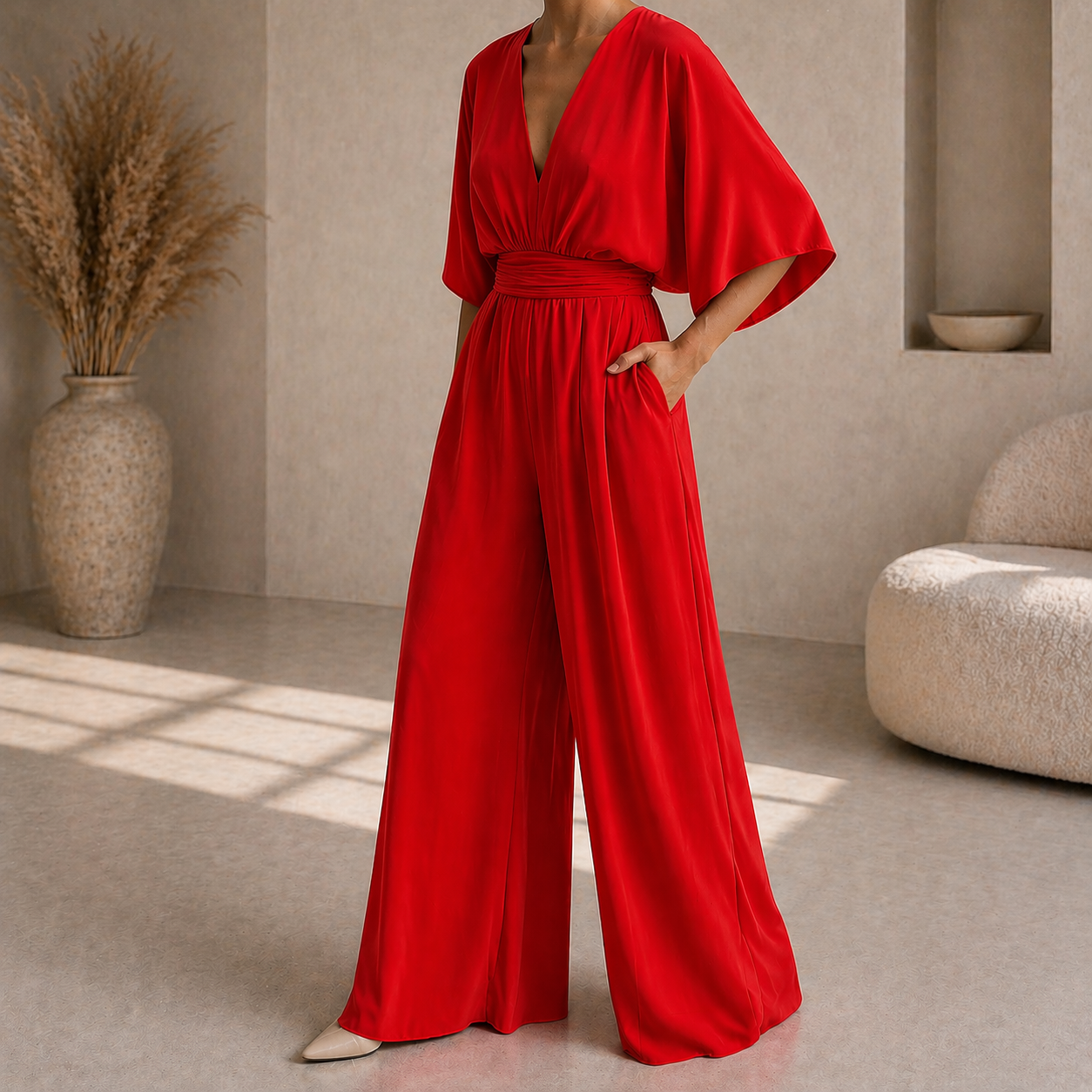 Women's V-neck wrap jumpsuit - Chic and flowing