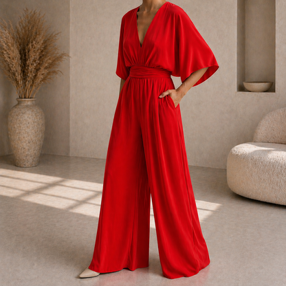 Women's V-neck wrap jumpsuit - Chic and flowing