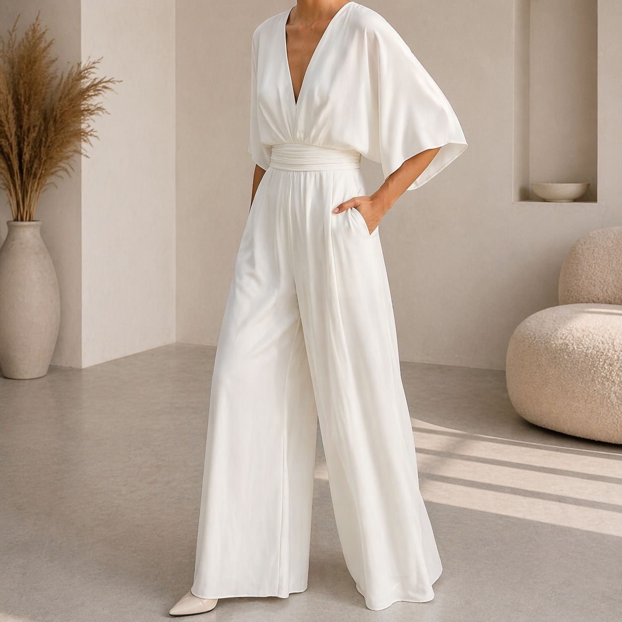 Women's V-neck wrap jumpsuit - Chic and flowing