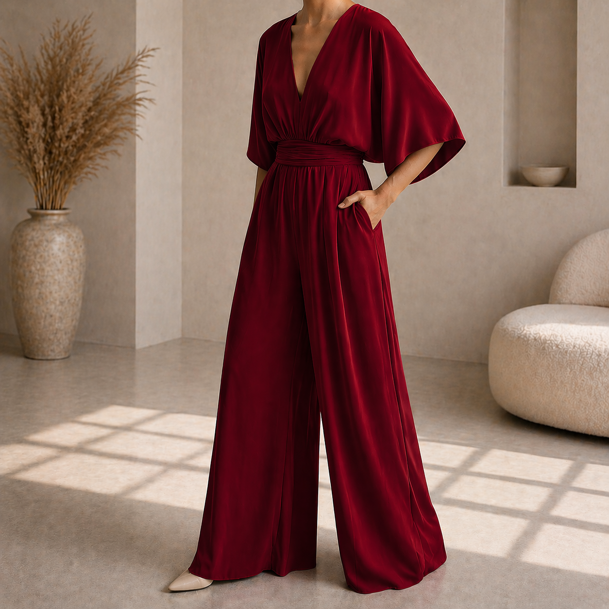 Women's V-neck wrap jumpsuit - Chic and flowing