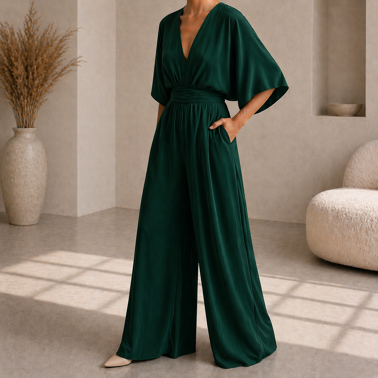 Women's V-neck wrap jumpsuit - Chic and flowing