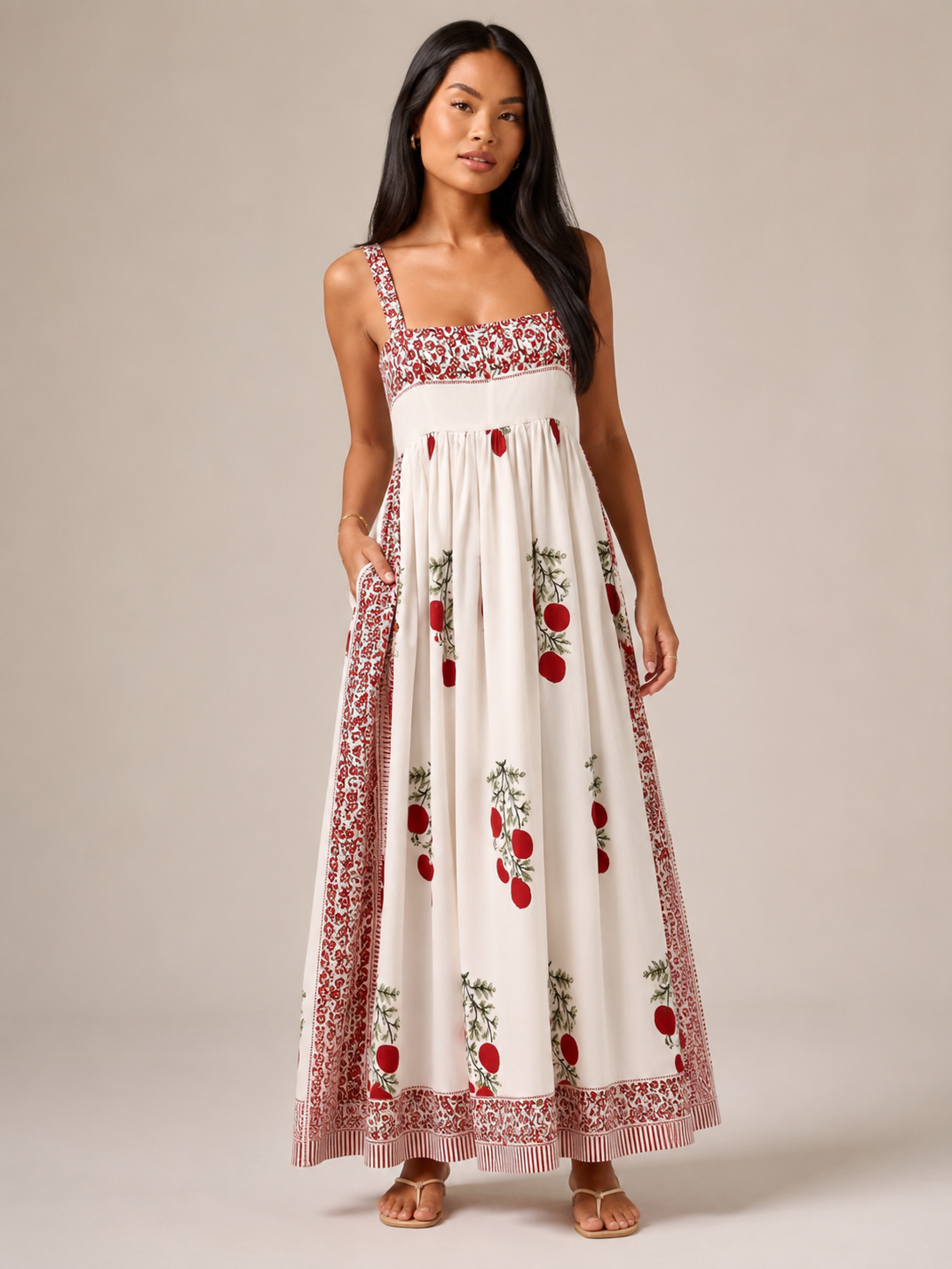 Bohemian maxi dress for women with wide straps - Flowing and elegant
