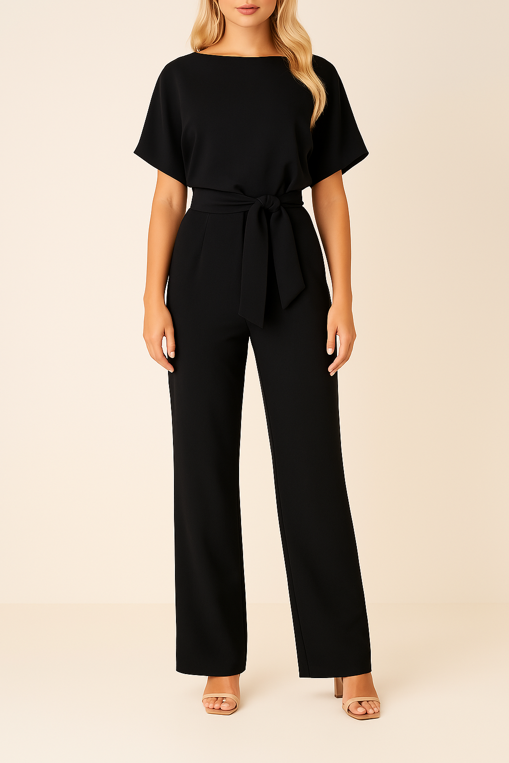 Combinaison Ceinturée Élégante pour Femme – Col Rond Manches Courtes Pantalon Large