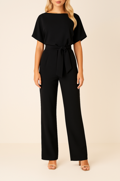 Combinaison Ceinturée Élégante pour Femme – Col Rond Manches Courtes Pantalon Large