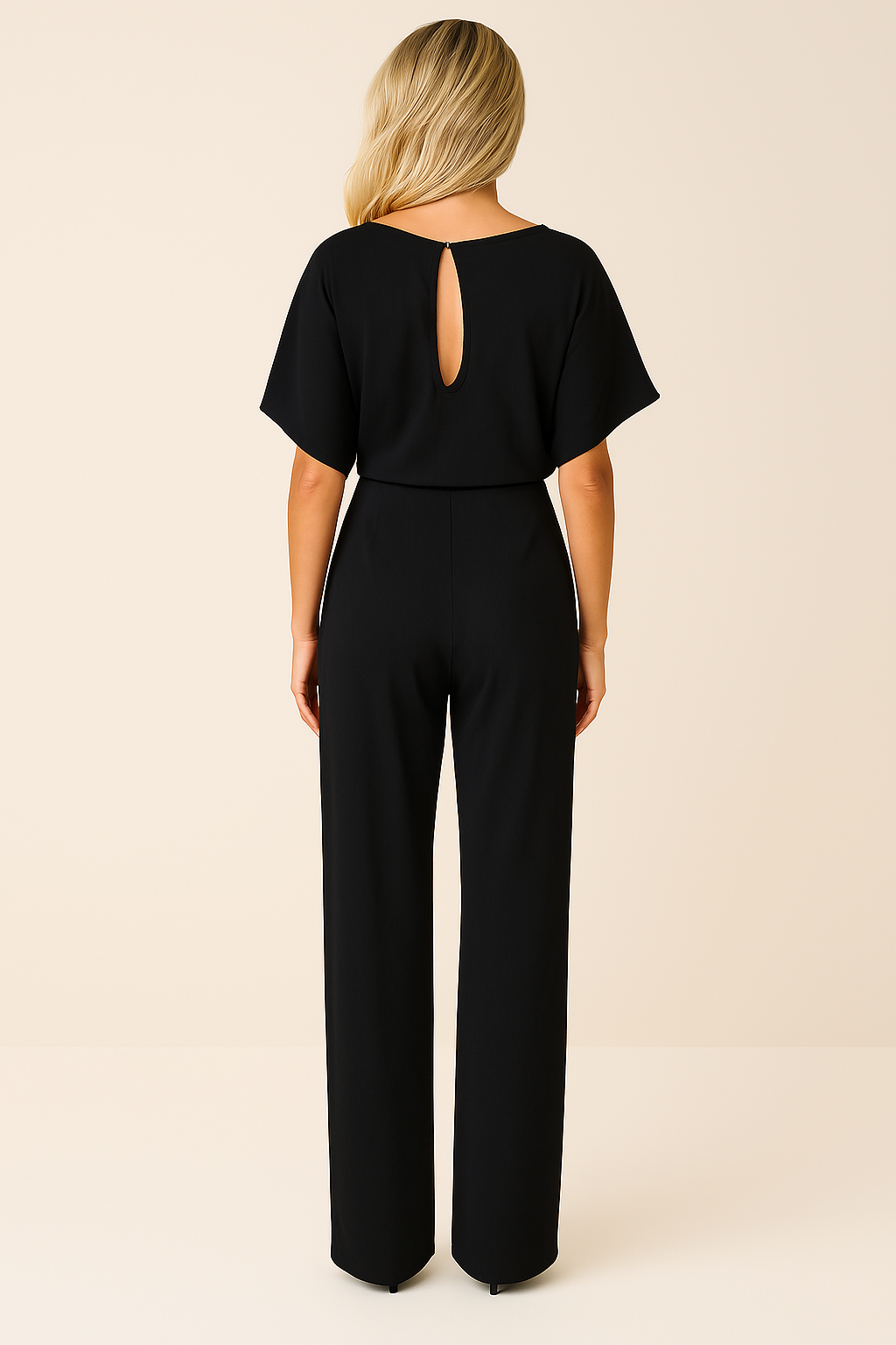 Combinaison Ceinturée Élégante pour Femme – Col Rond Manches Courtes Pantalon Large