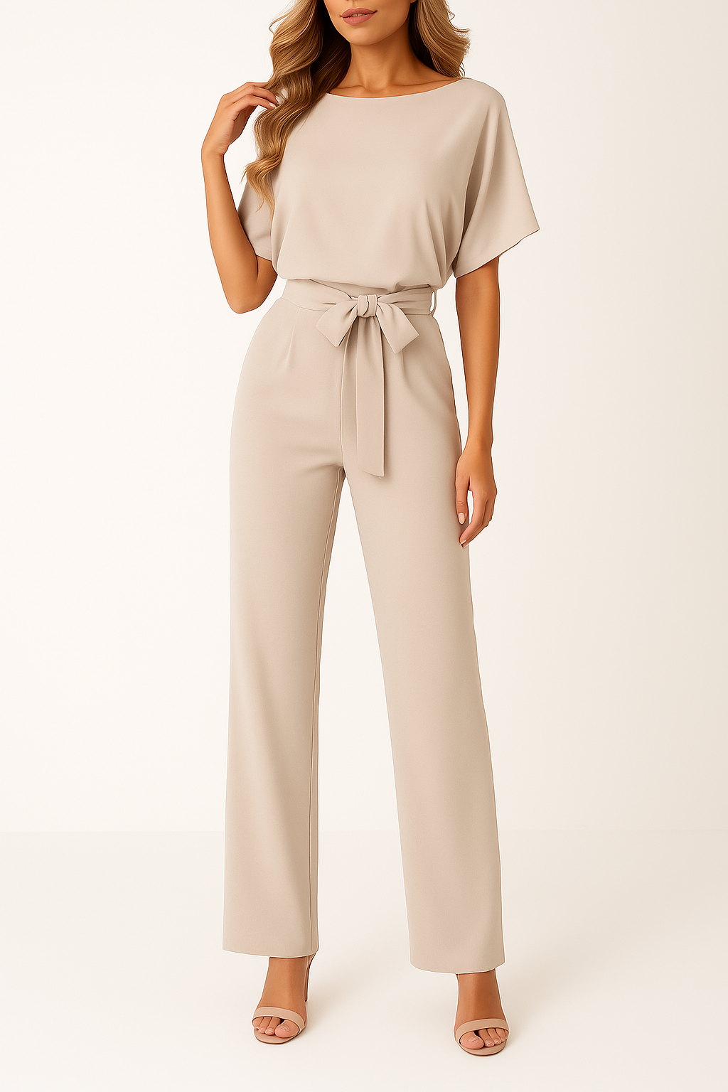 Combinaison Ceinturée Élégante pour Femme – Col Rond Manches Courtes Pantalon Large