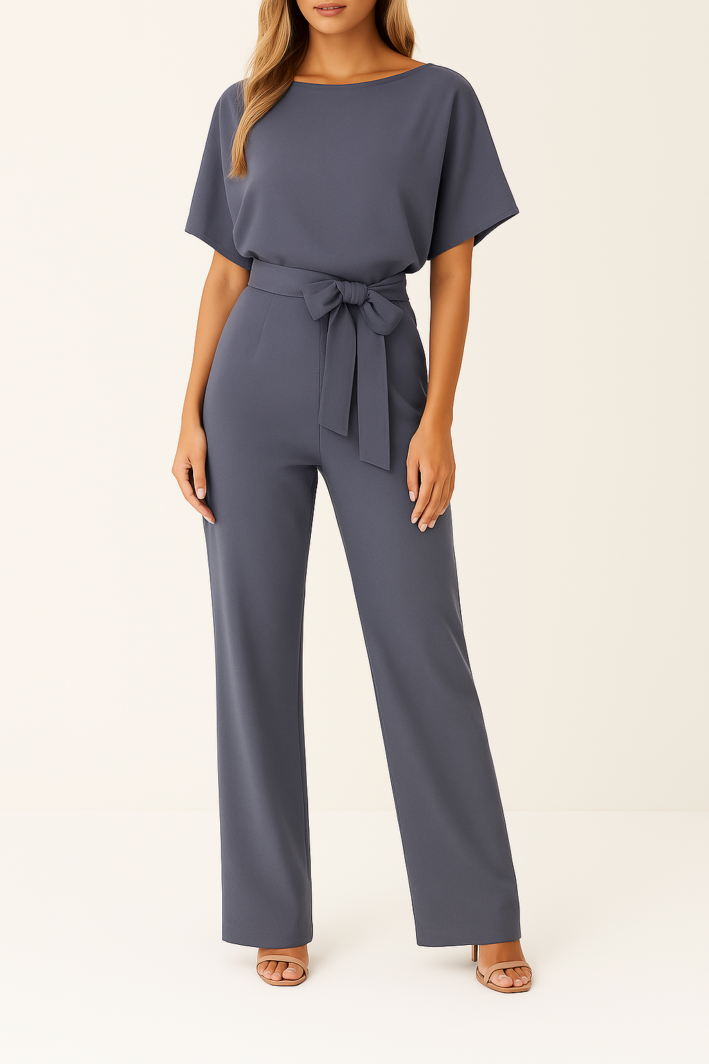 Combinaison Ceinturée Élégante pour Femme – Col Rond Manches Courtes Pantalon Large