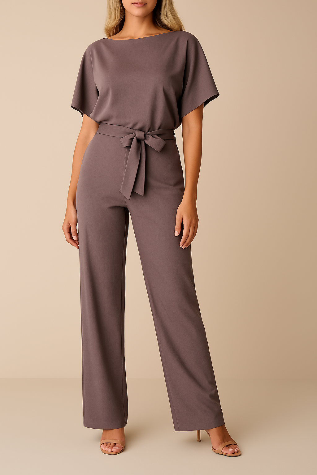 Combinaison Ceinturée Élégante pour Femme – Col Rond Manches Courtes Pantalon Large