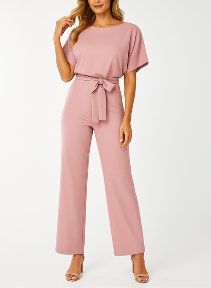 Combinaison Ceinturée Élégante pour Femme – Col Rond Manches Courtes Pantalon Large