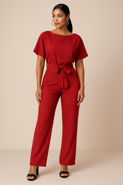 Combinaison Ceinturée Élégante pour Femme – Col Rond Manches Courtes Pantalon Large