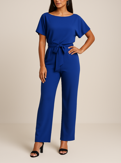 Combinaison Ceinturée Élégante pour Femme – Col Rond Manches Courtes Pantalon Large