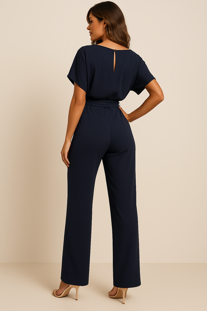 Combinaison Ceinturée Élégante pour Femme – Col Rond Manches Courtes Pantalon Large