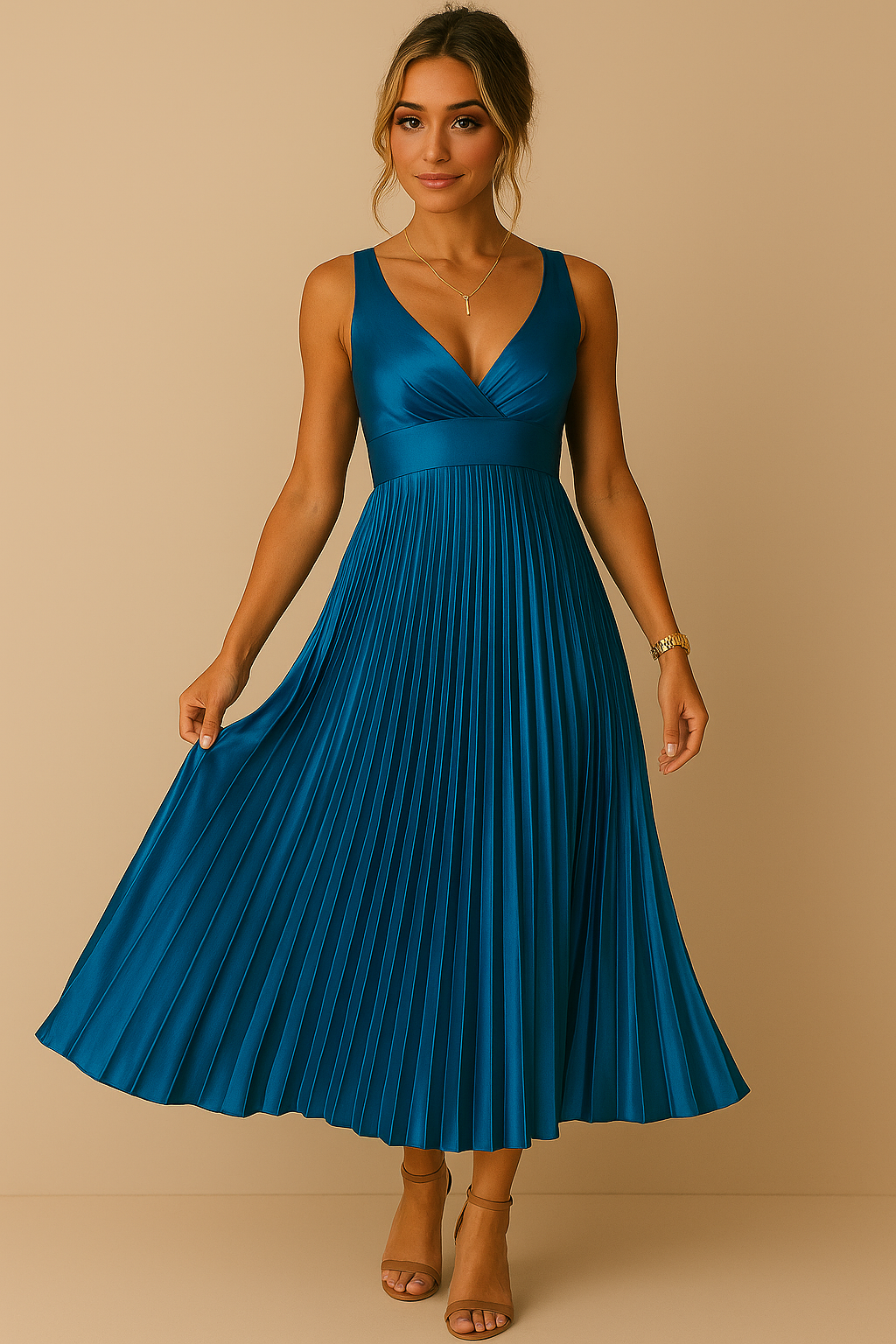 Robe longue élégante sans manches à col en V flatteur femmes – Robe de soirée légère plissée avec dos nu pour événements formels