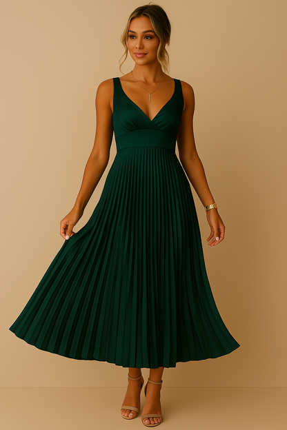 Robe longue élégante sans manches à col en V flatteur femmes – Robe de soirée légère plissée avec dos nu pour événements formels