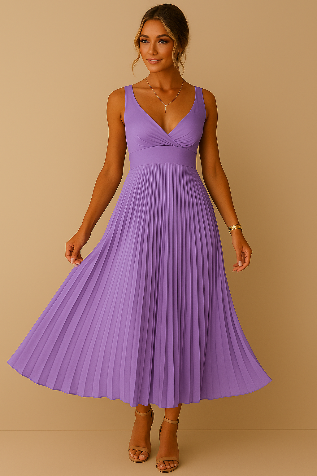 Robe longue élégante sans manches à col en V flatteur femmes – Robe de soirée légère plissée avec dos nu pour événements formels