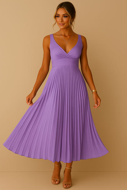 Robe longue élégante sans manches à col en V flatteur femmes – Robe de soirée légère plissée avec dos nu pour événements formels