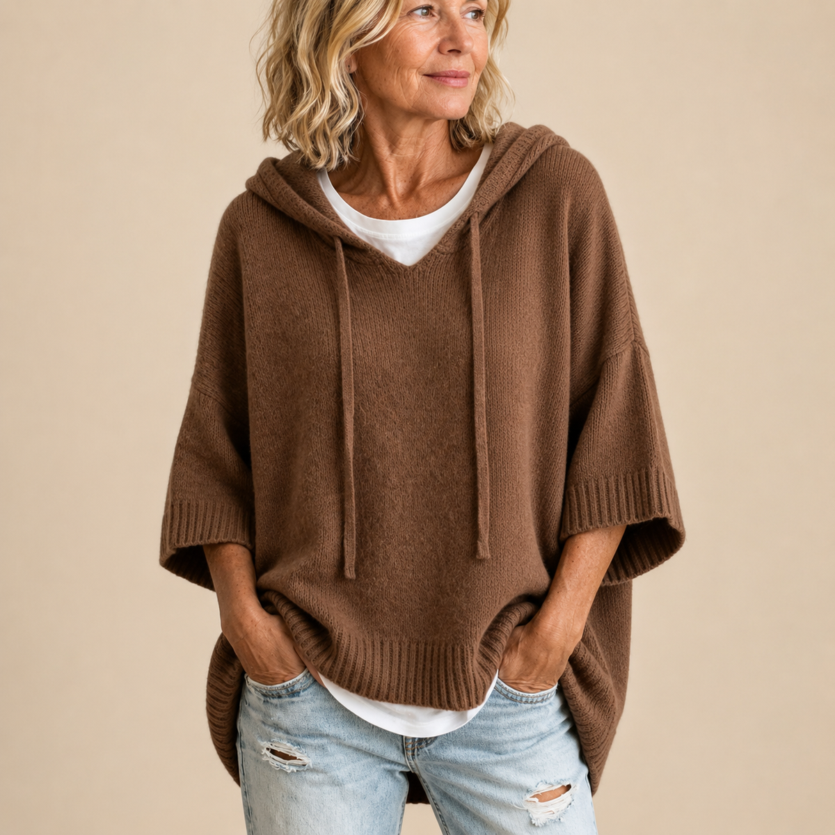 Poncho de punto con capucha para mujer - Suave y práctico