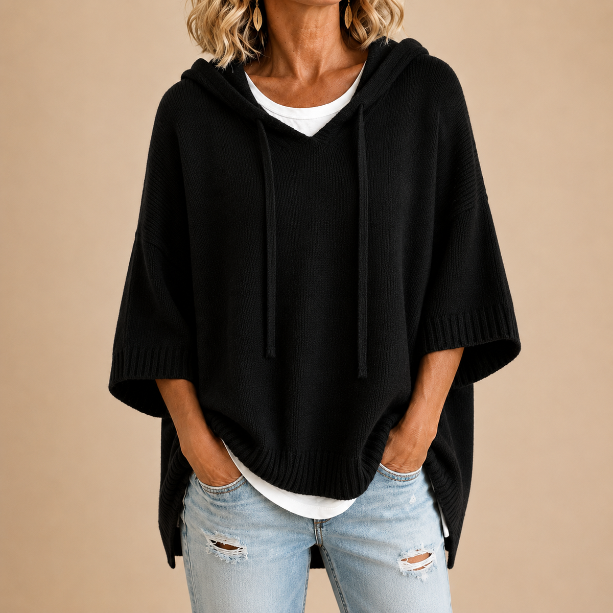 Poncho de punto con capucha para mujer - Suave y práctico
