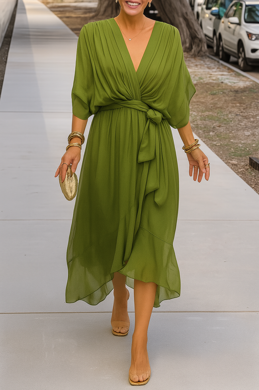 Robe Midi Élégante Femme Portefeuille – Col V en Chiffon avec Ourlet Asymétrique