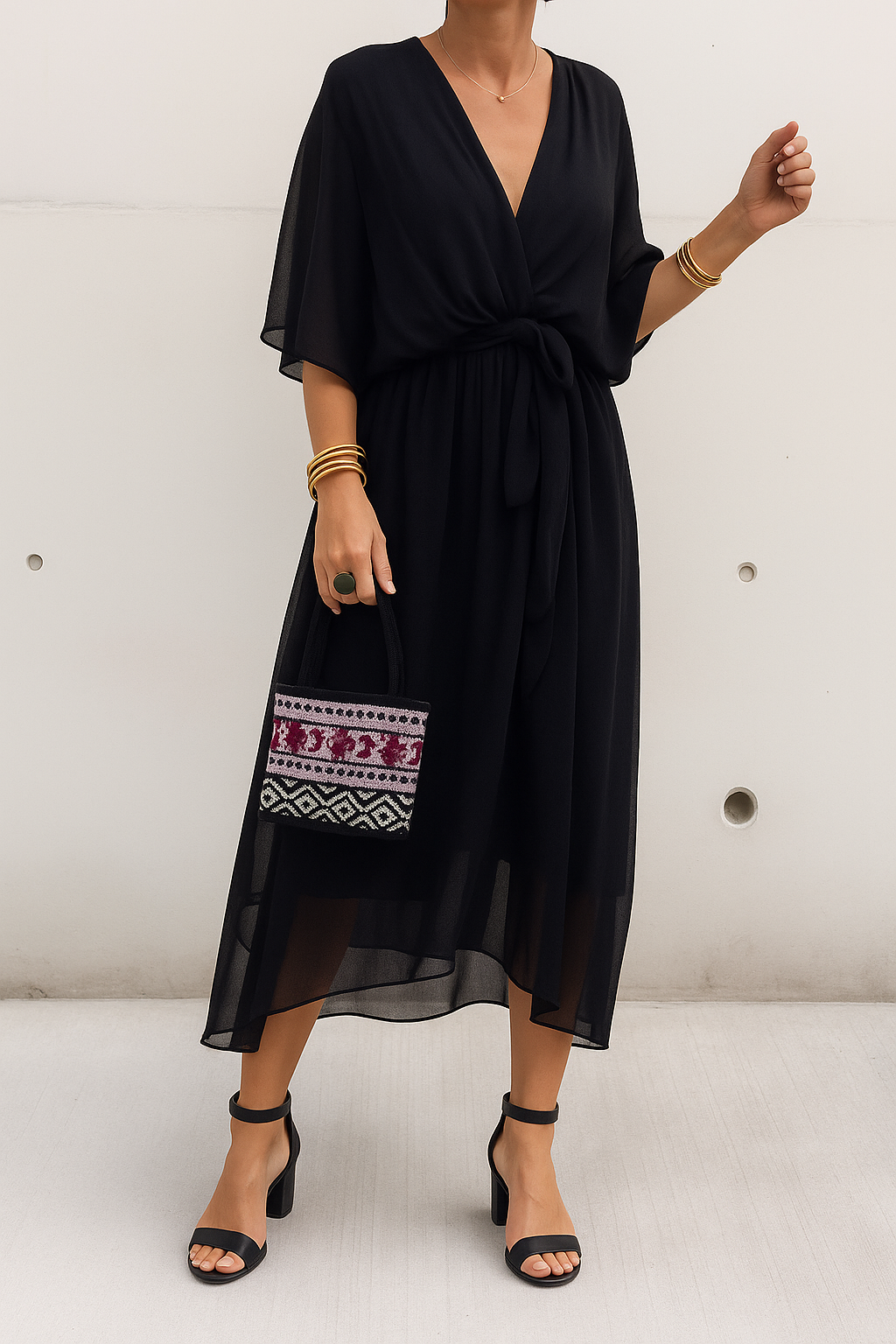 Robe Midi Élégante Femme Portefeuille – Col V en Chiffon avec Ourlet Asymétrique